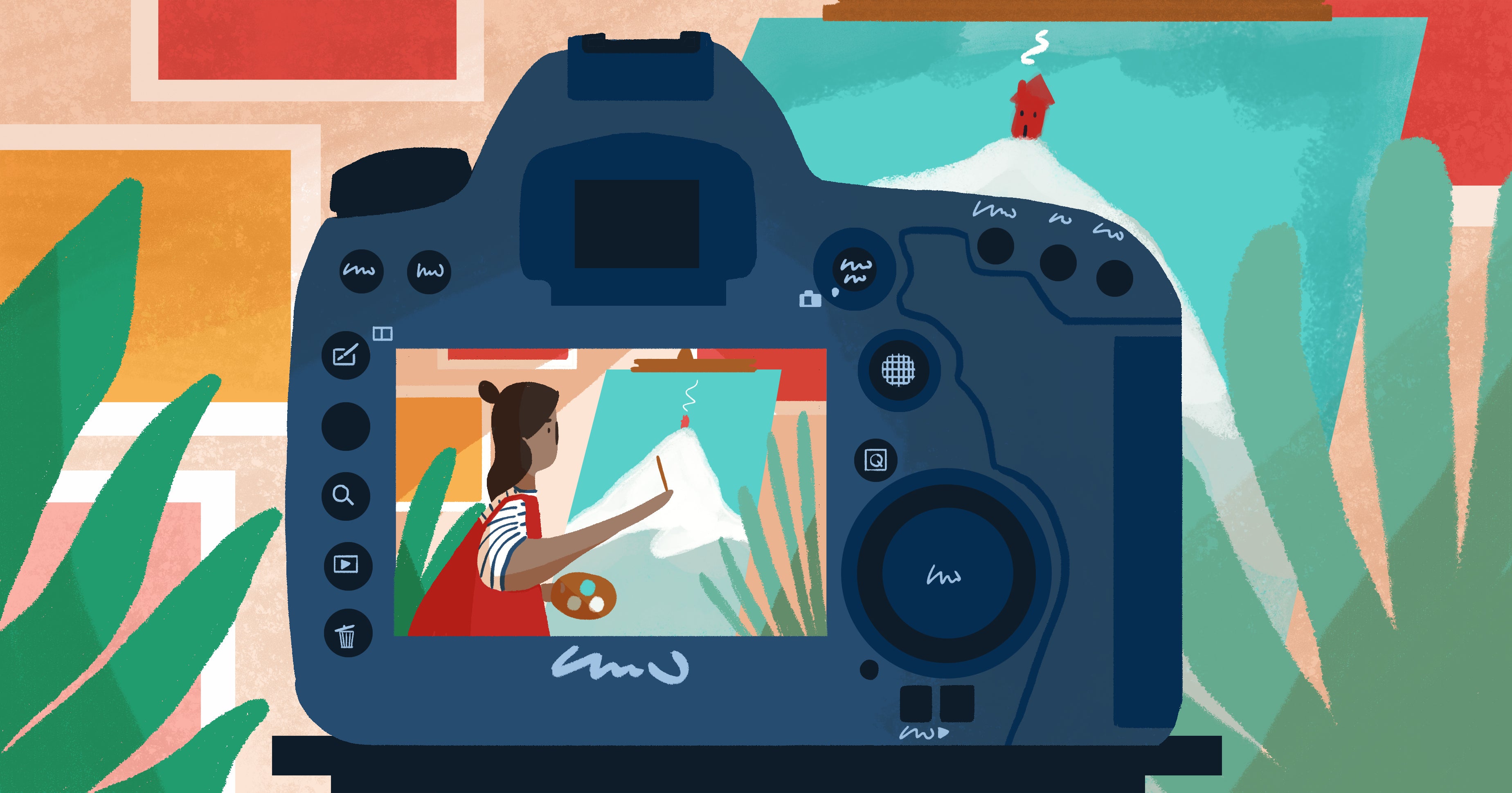 Gerar tráfego para site: ilustração de uma câmera filmando uma mulher pintando