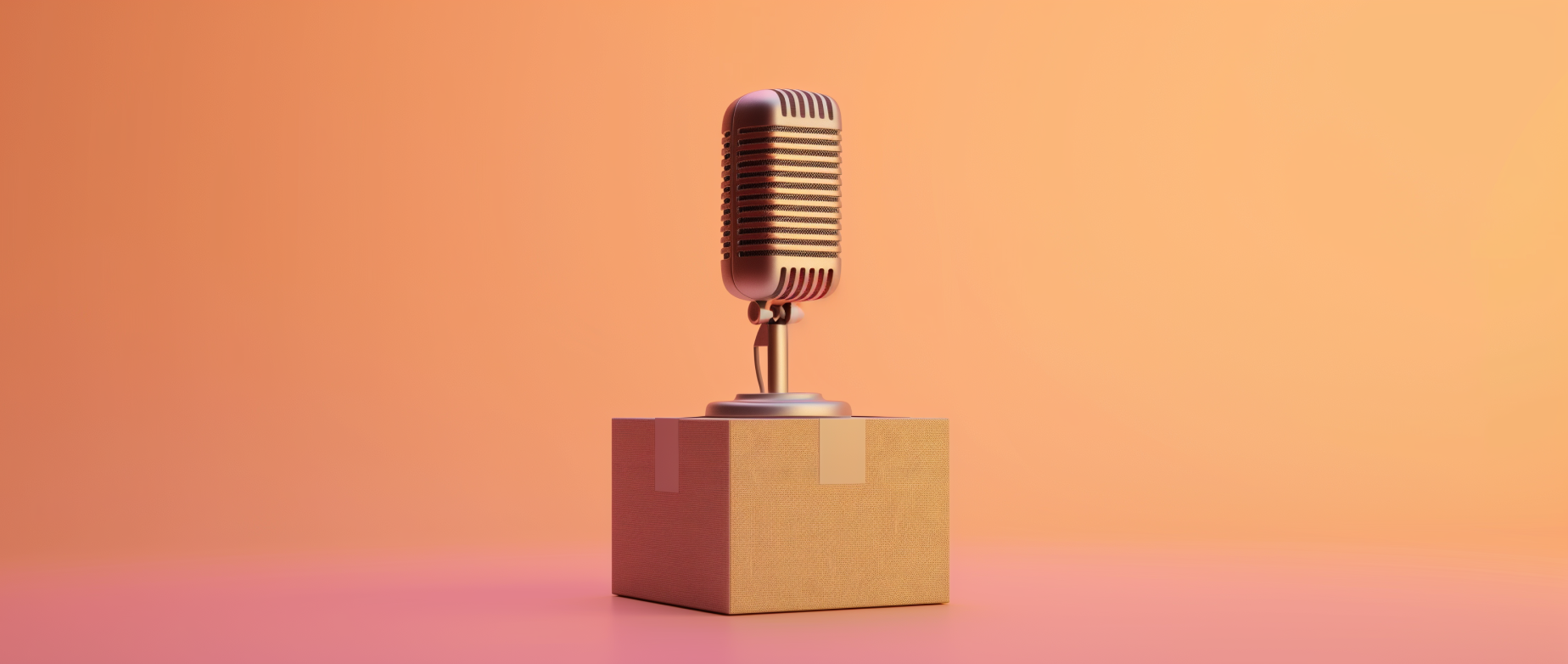 A microphone on a cardboard box on a light orange background.
