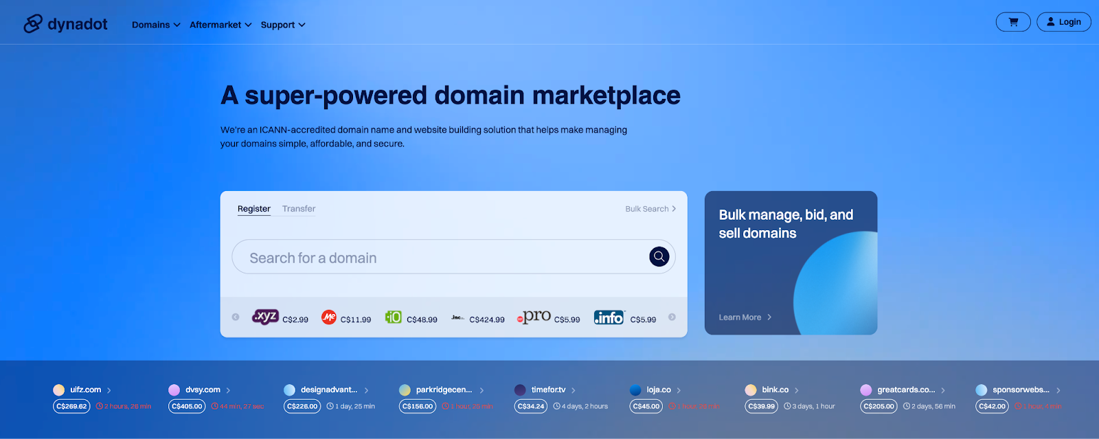 Screenshot of Dynadot homepage featuring a domain search bar and live domain pricing information.