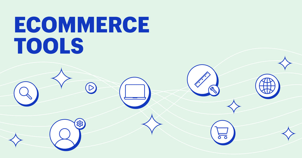 Graphic depicting ecommerce tools in little bubble interspersed with starburst shapes. Header reads 