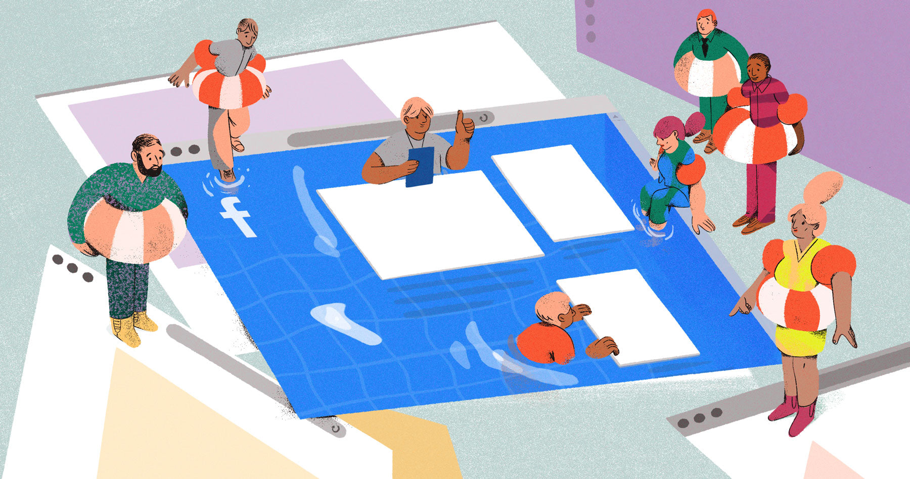 Ilustração de uma piscina em forma de tela inicial do Facebook. Vemos um instrutor de natação na piscina e nadadores iniciantes ao redor da piscina com coletes salva-vidas, como uma metáfora para aqueles que recebem um guia passo a passo dos anúncios no Facebook.