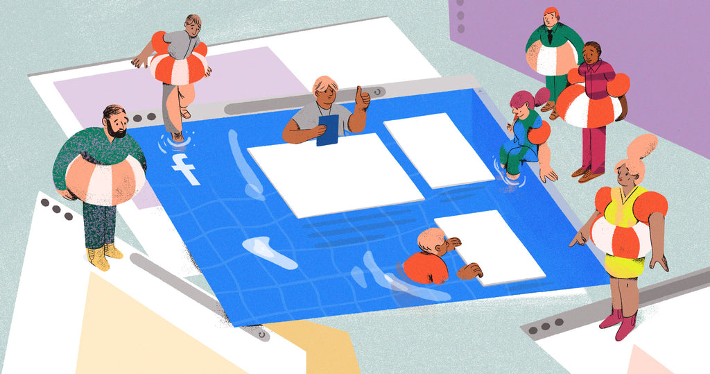 Facebook主屏幕形状的泳池插图。我们看到泳池里有一位游泳教练，泳池周围有初学者，他们戴着救生圈，这是在比喻那些被facebook广告一步步引导的人。