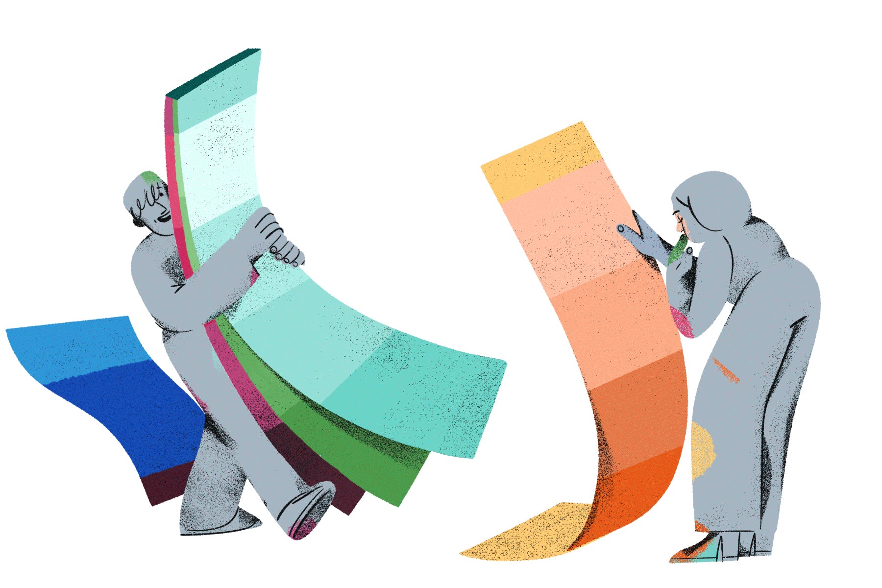 Illustration of two characters playing with oversized paint swatches to reflect the idea of choosing the right colour for your logo. 