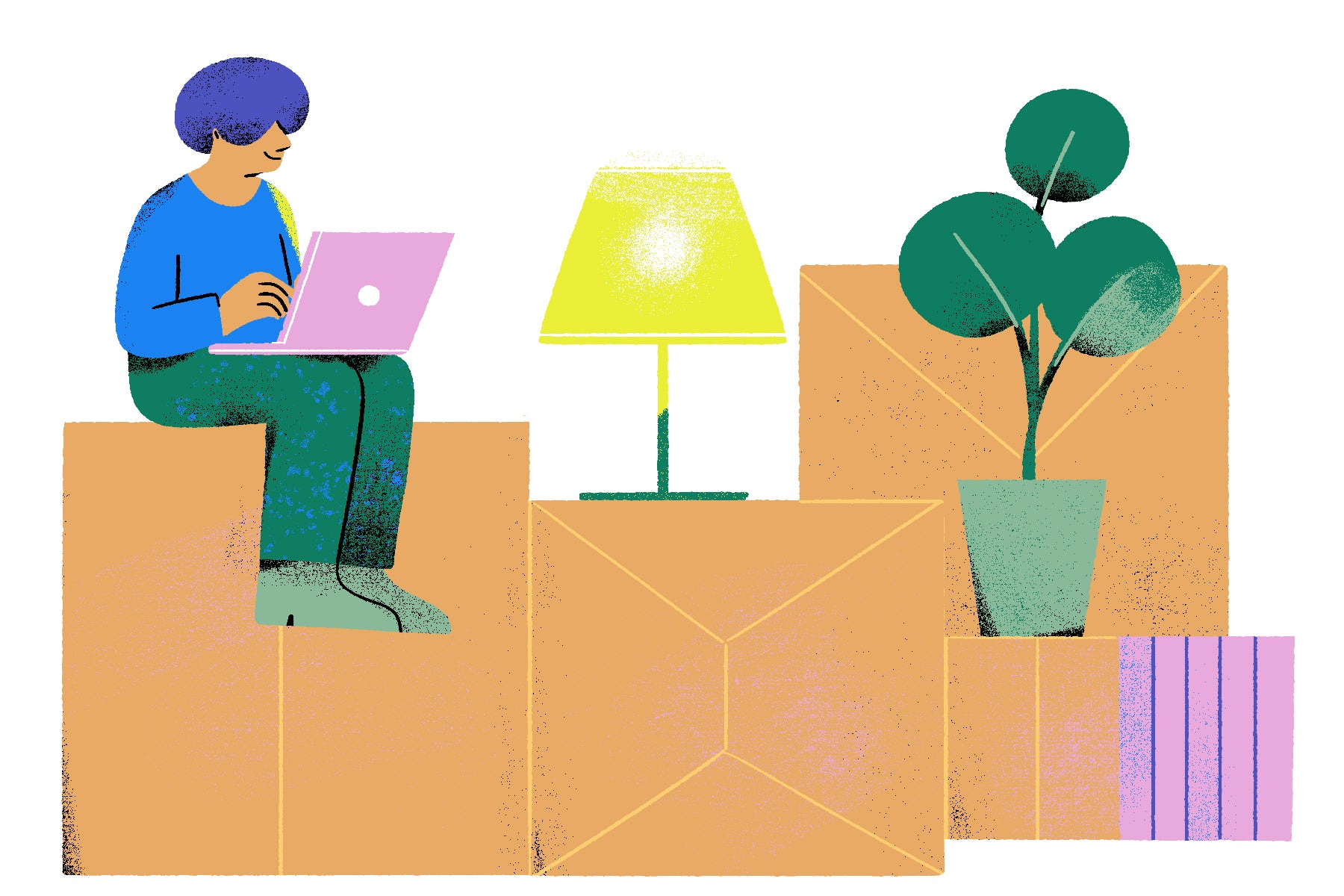 Illustration of someone working in their living room, but some of the furniture is made up of boxes. 