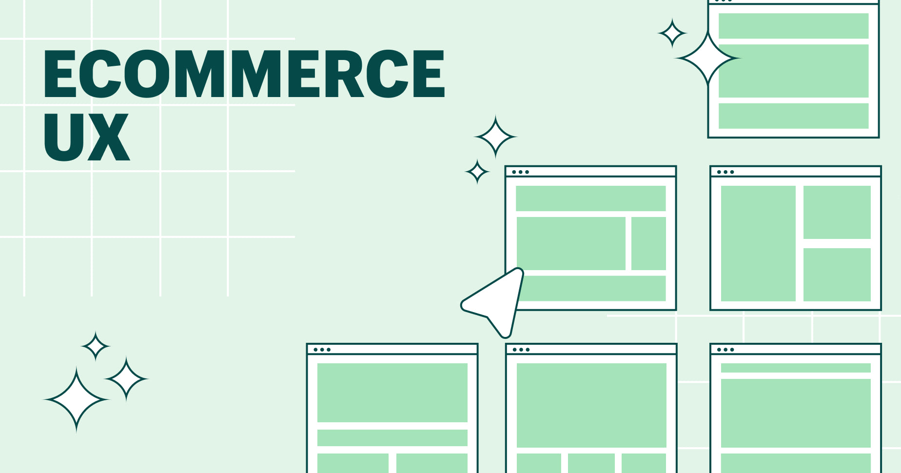 an illustration of various ecommerce user experience wire frames stacked on top of each other on the right with the text Ecommerce UX on the left.