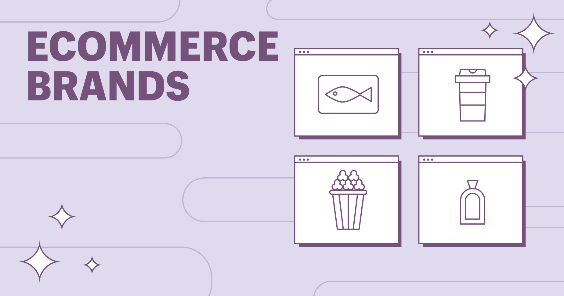 The words ecommerce brands next to four icons on a purple background