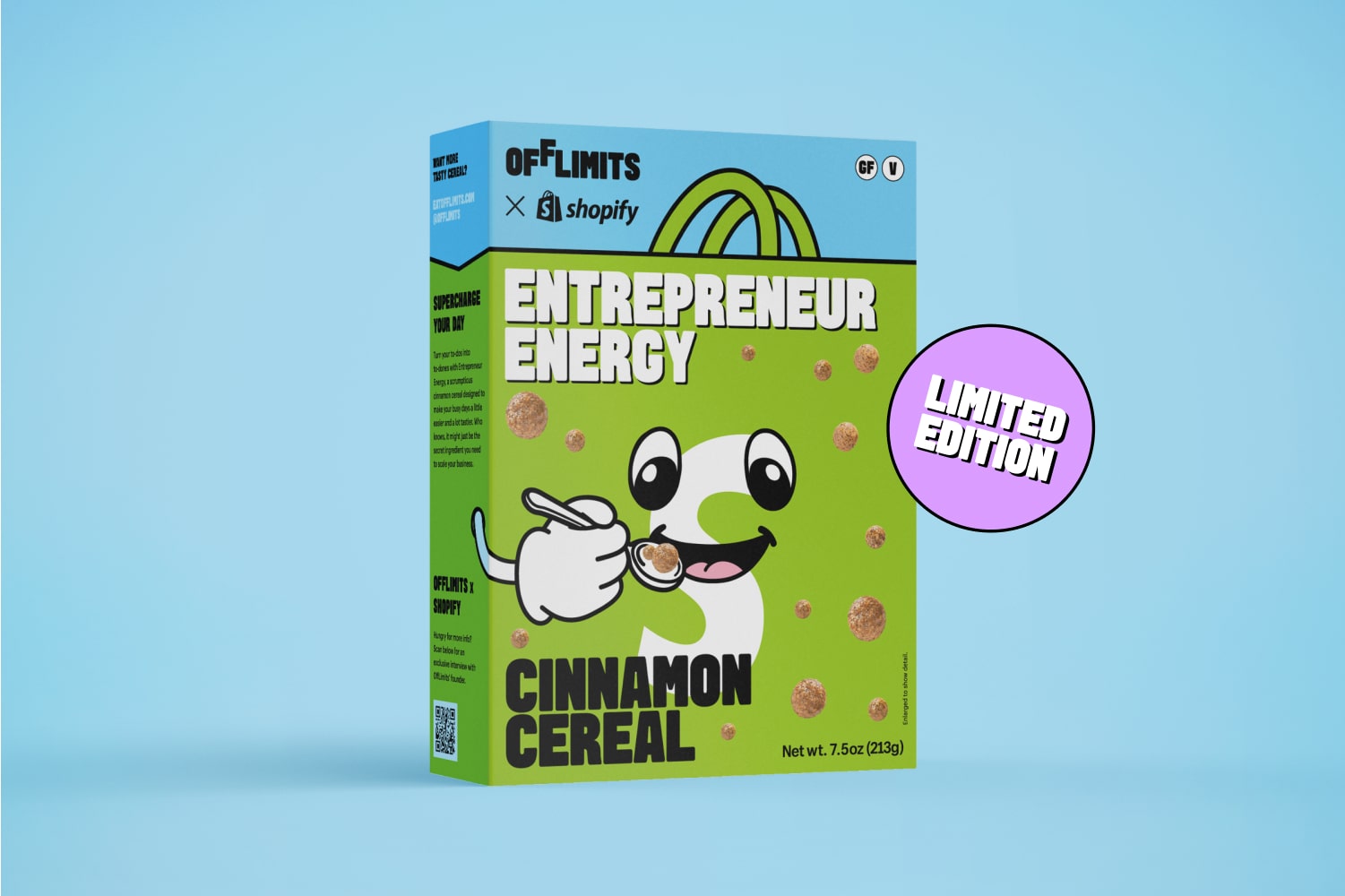 A box of Entrepreneur Energy cinnamon cereal on a blue background