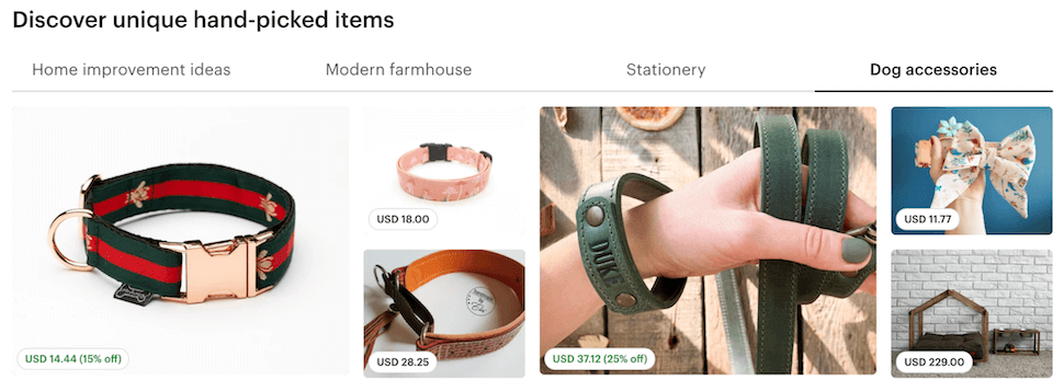 Etsy pet products category showing collars and leashes for sale