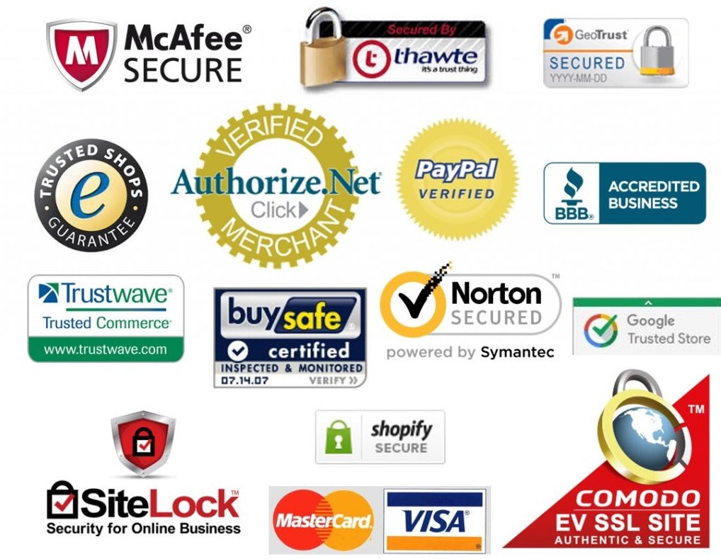 17 common trust badges for ecommerce sites related to payments and security.