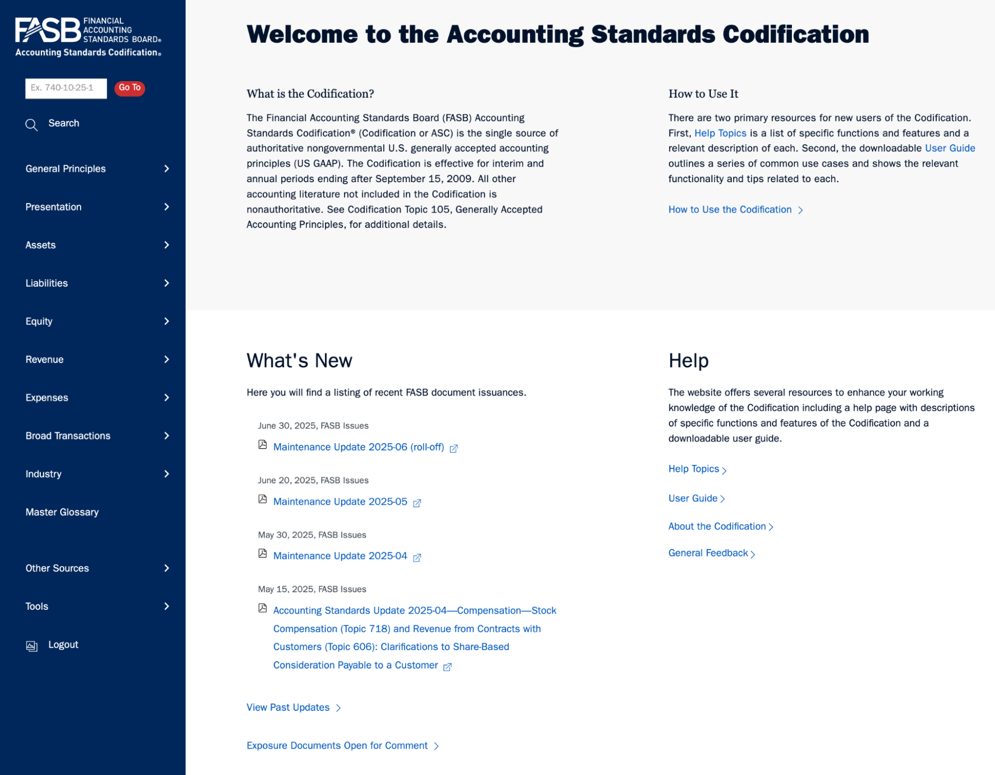 FASB Accounting Standards Codification homepage with menu and “What’s New” update list.