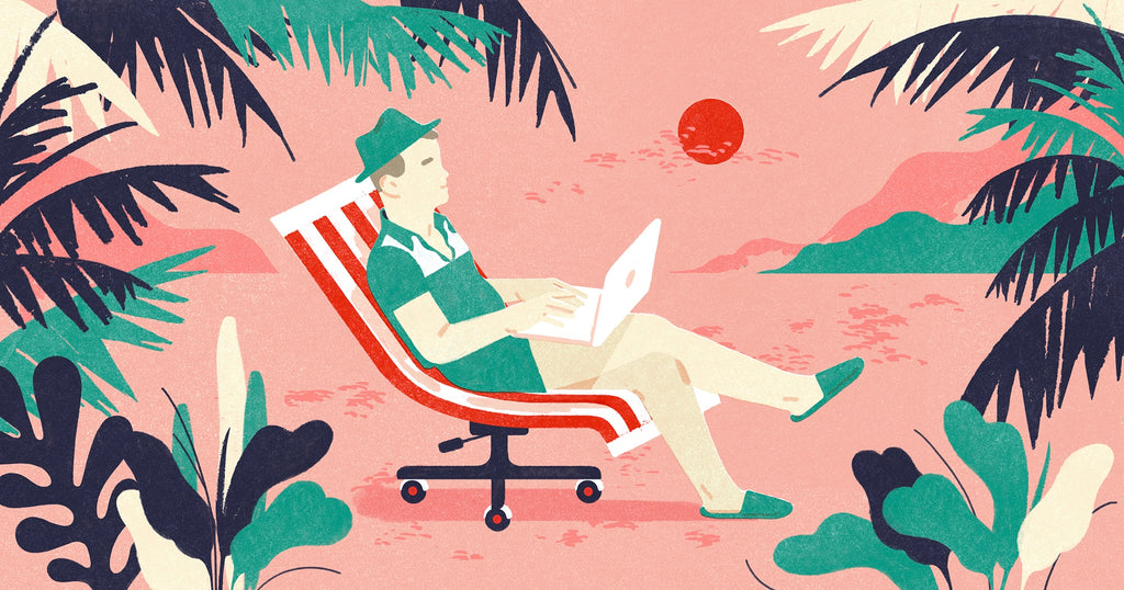 Illustration of a person lounging on an office chair in a beach setting