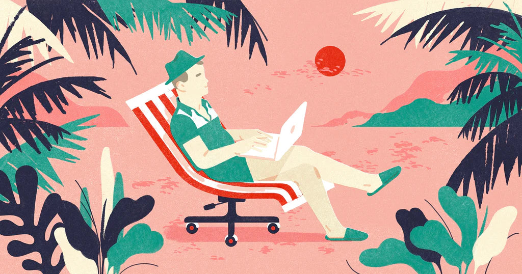 Illustration of a person lounging in a reclined sun chair among palm trees using a laptop