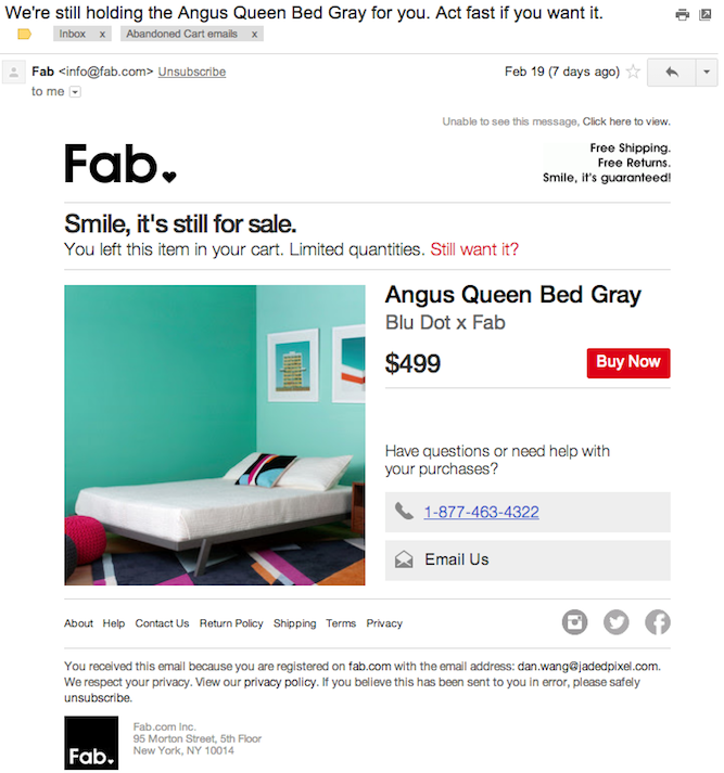 Abandon Cart Email Example from Fab.com