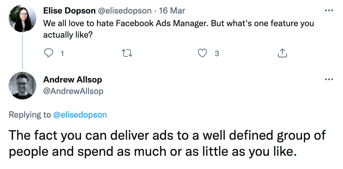 A tweet about the benefits of Facebook ads