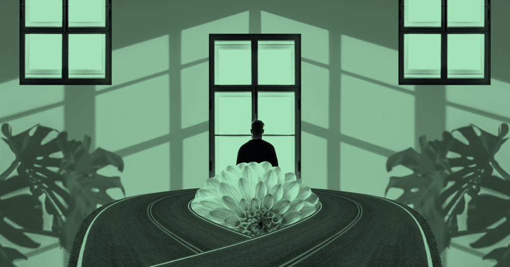 Green photo illustration of a flower and a person staring out a window to represent entrepreneur loneliness