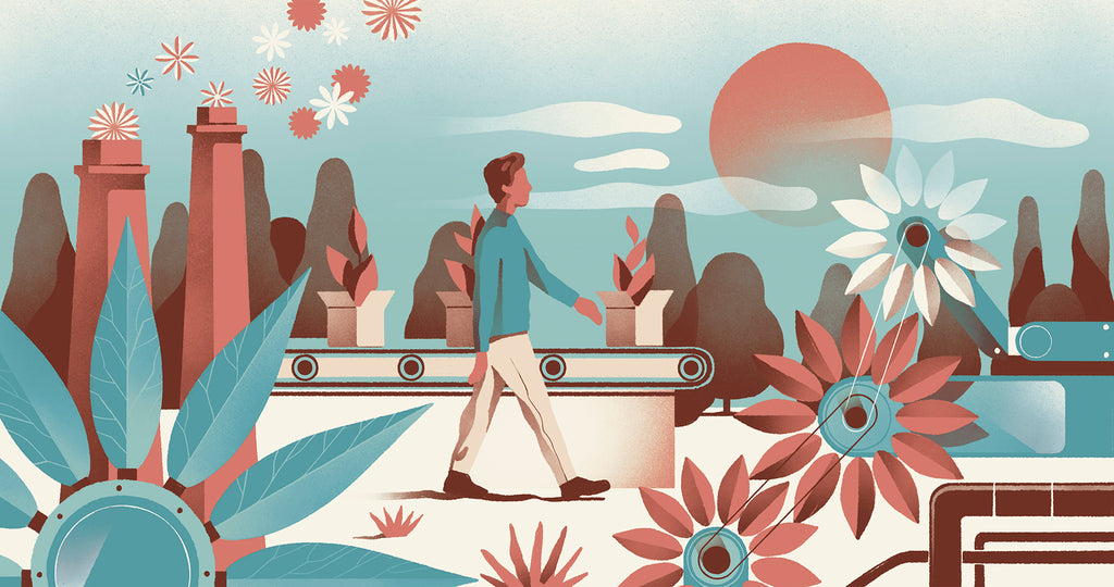 illustration of a young man walking through a scene that reflects sustainable living. plants surround him and sustainable products are on a conveyor belt around him.