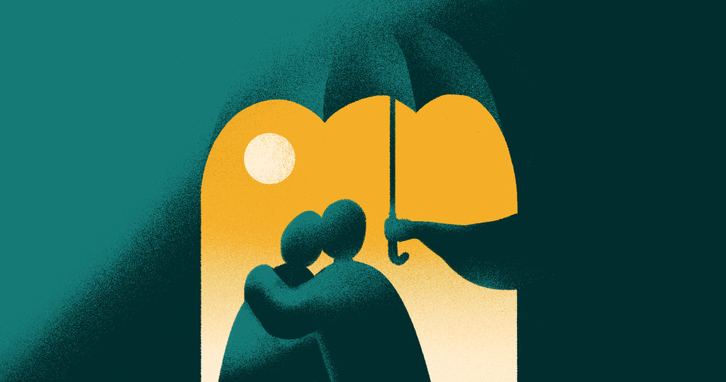 illustration of person holding umbrella over couple to represent government relief programs