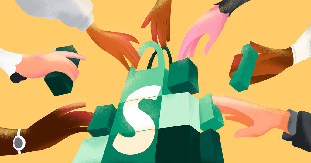 An illustration of seven hands adding and holding various pieces of the puzzle that stack up to be the Shopify logo.