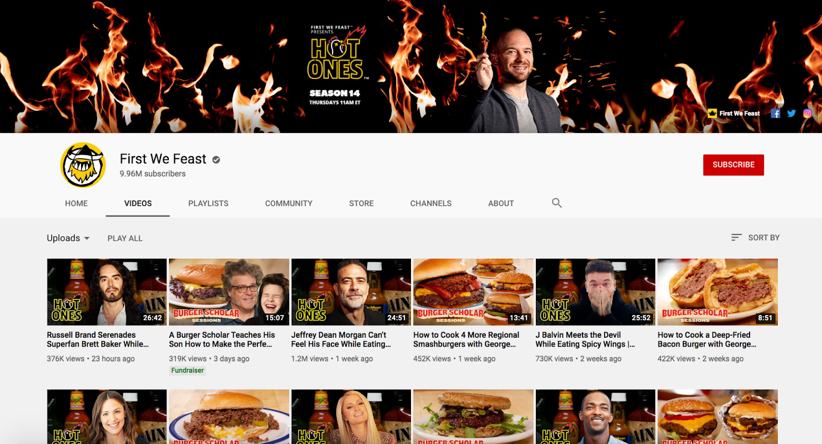 First We Feast YouTube channel homepage featuring the new season of Hot Ones