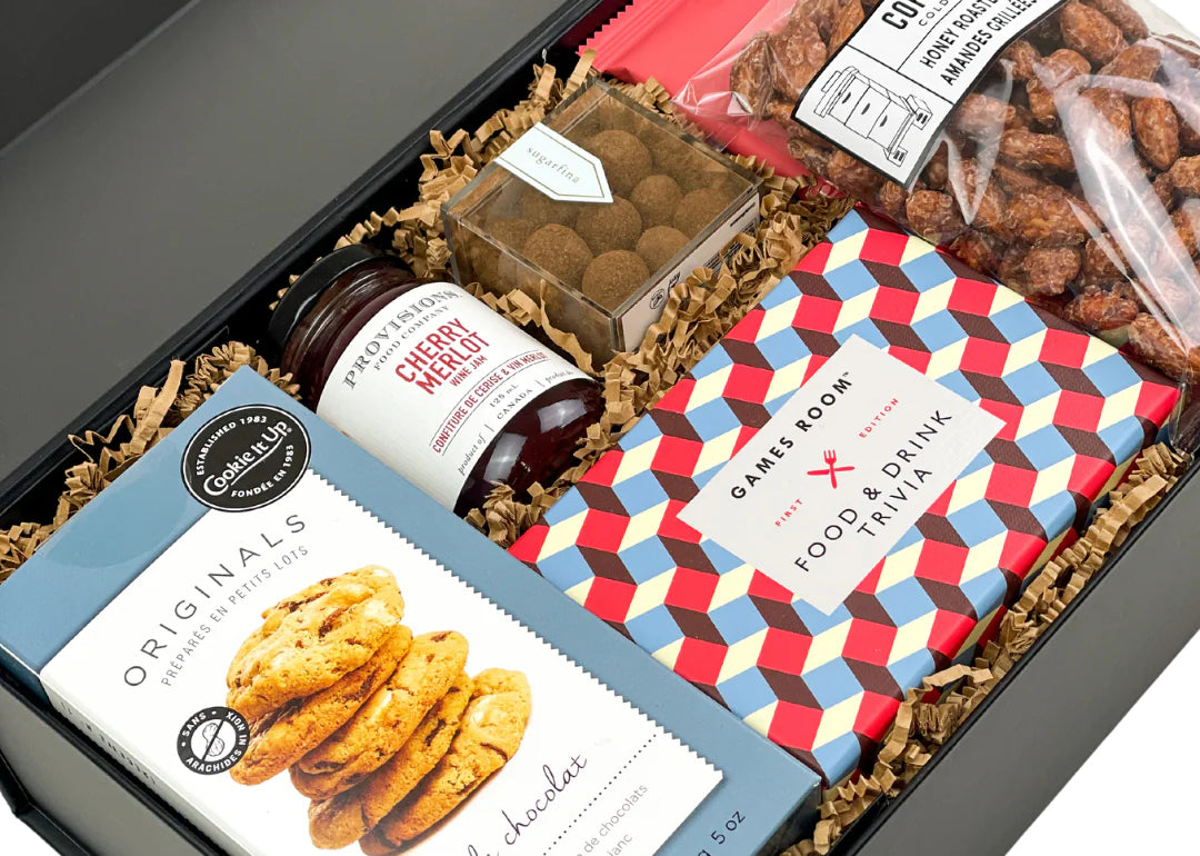 A curated gift box filled with food products