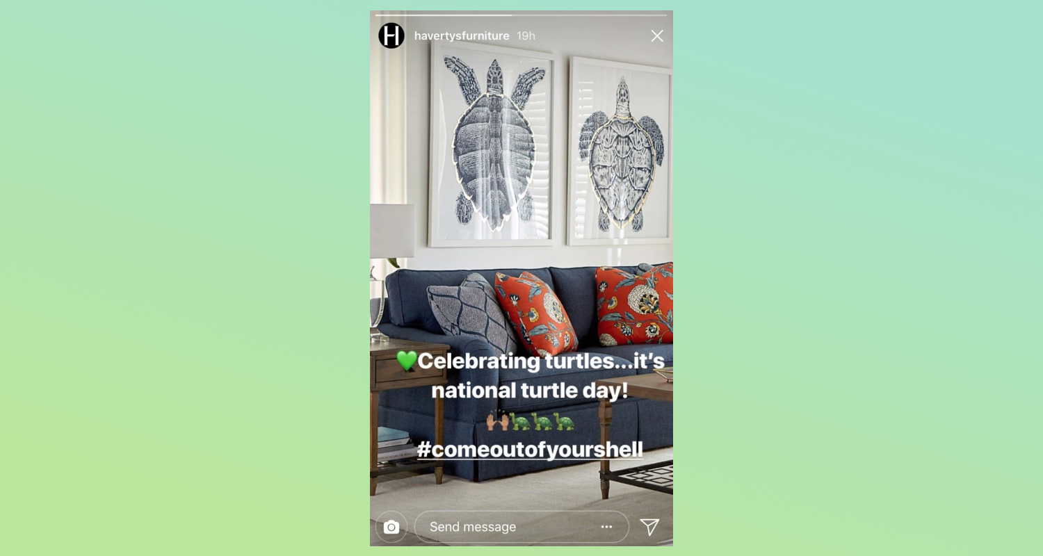 Instagram story with text overlaid on an image of a couch using a hashtag.