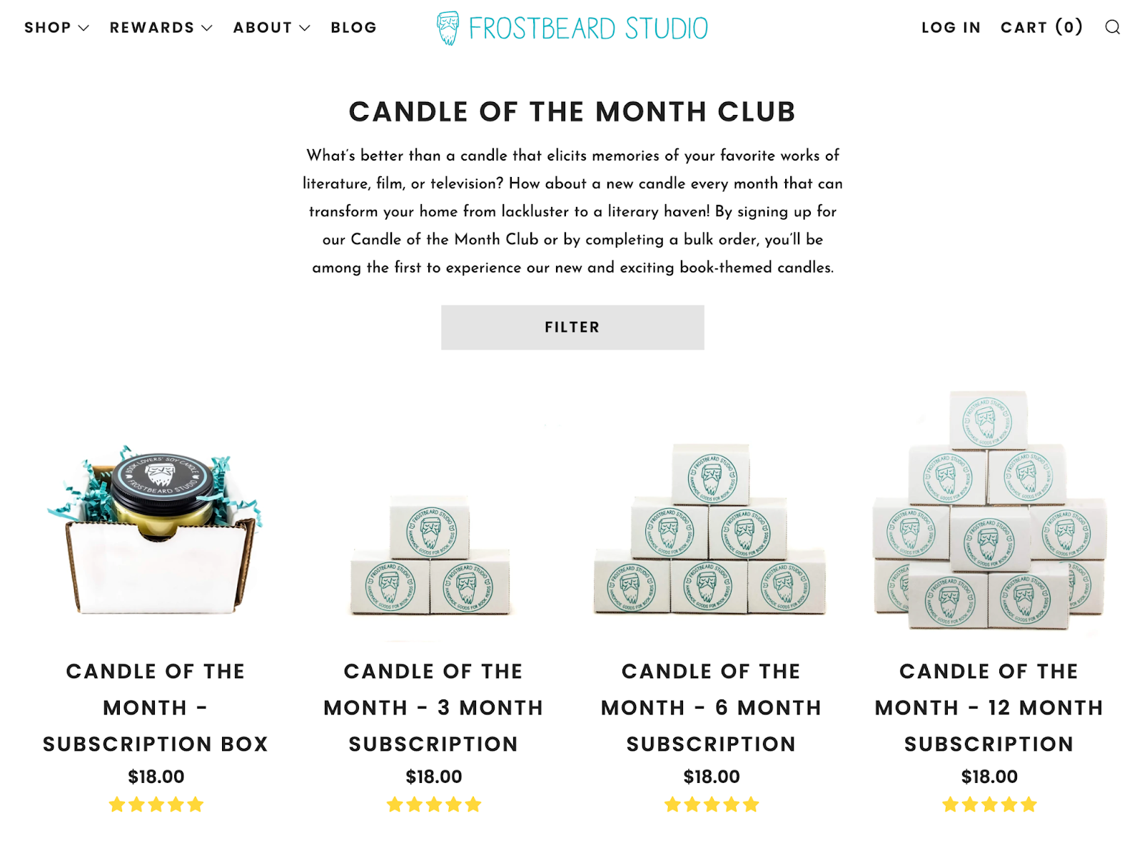 Screenshot der Abo-Seite von Frostbeard Studio cwo alle Kerzen zu sehen sind, die im Abonnement verkauft werden