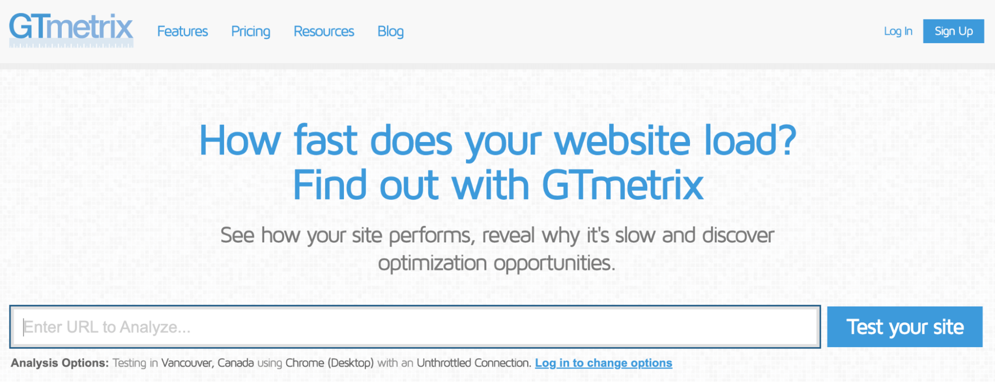 A screenshot of the GTmetrix homepage, with a white header and blue buttons