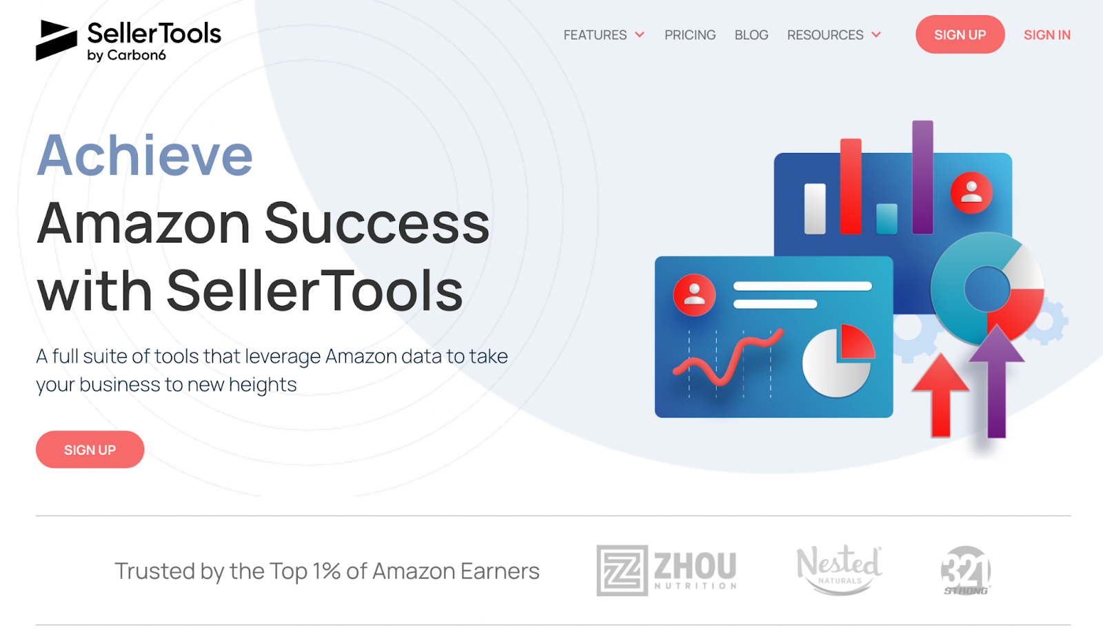 The homepage of Amazon Seller Tools, featuring illustrations of charts and graphs.