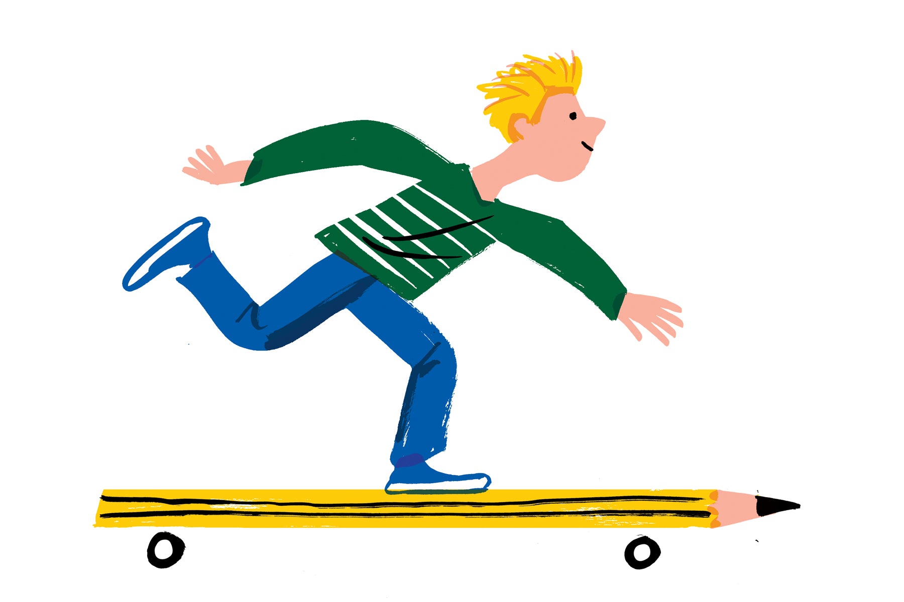 Illustration of a young boy with blonde hair skate boarding, but the skateboard is a pencil with wheels to convey the idea of getting started in business.