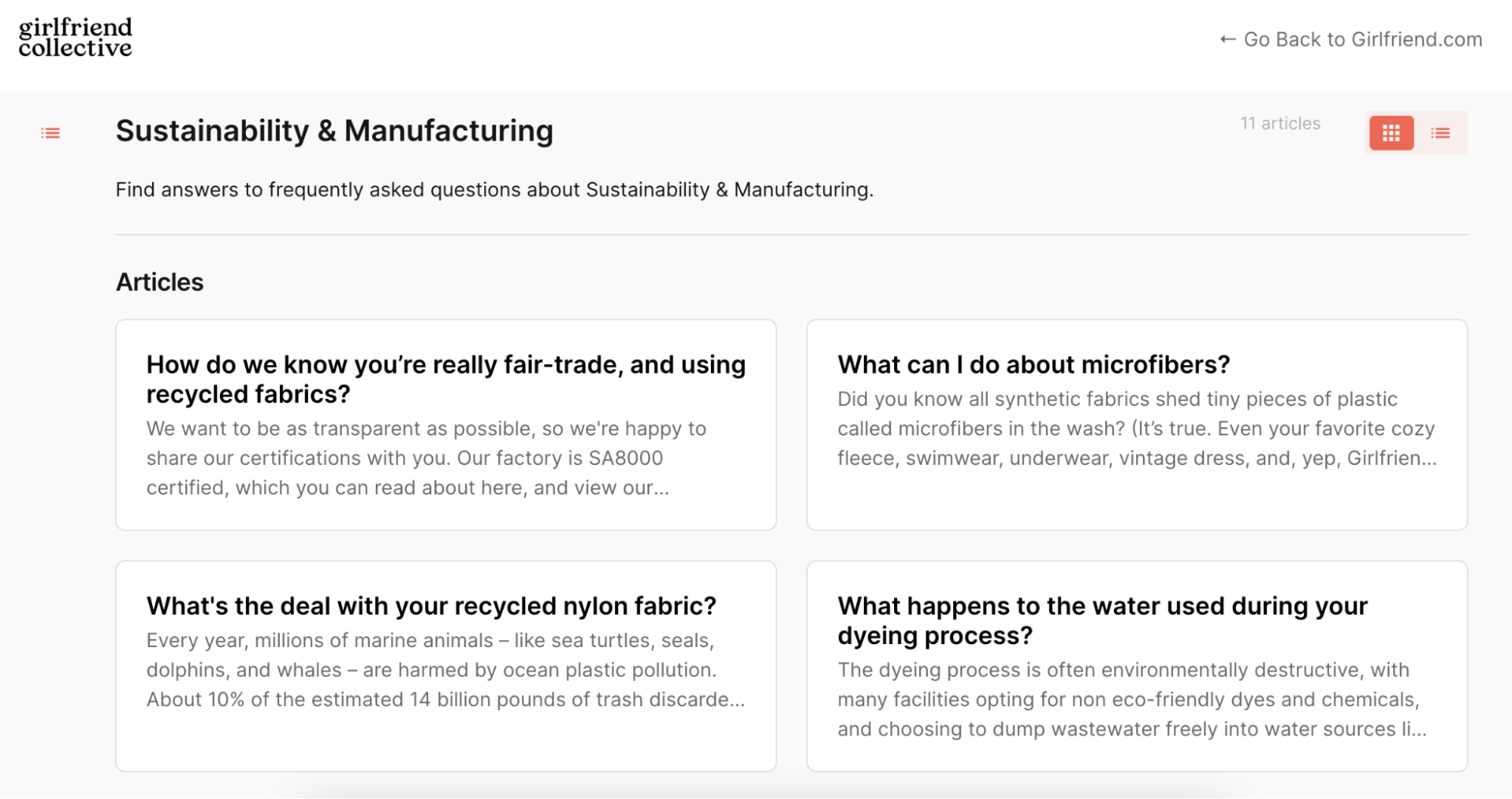 screenshot of Girlfriend Collective website outlining its sustainability practices
