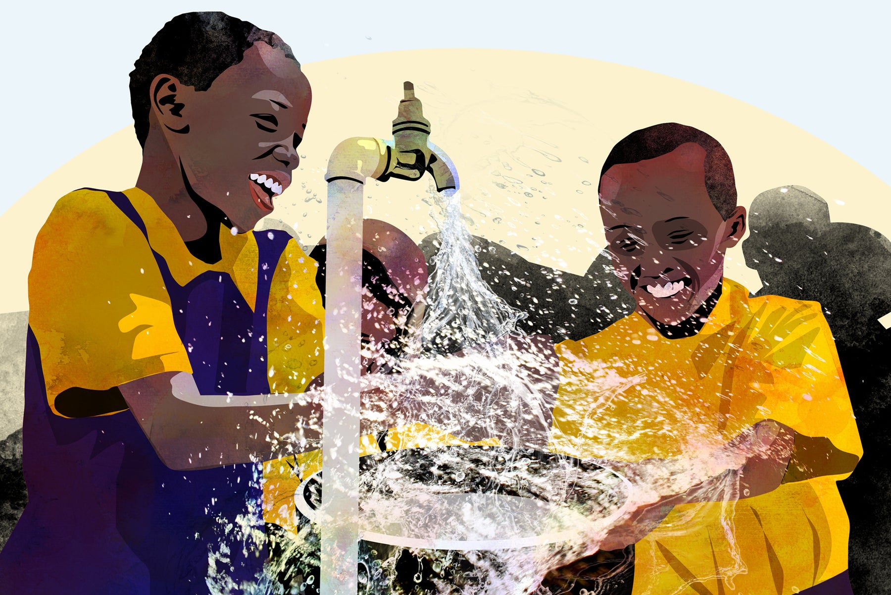 Illustration of two laughing children in Ghana at a gushing water tap.