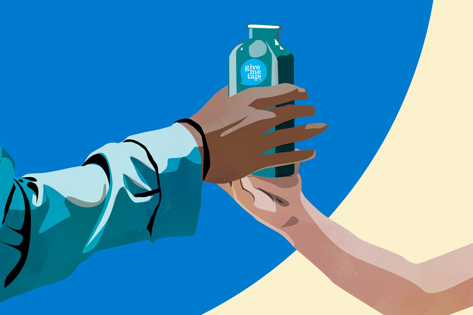 Illustration of hands holding a reusable stainless steel bottle by GiveMeTap.