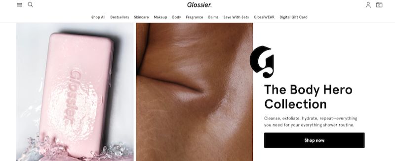 glossier's website homepage branding examples
