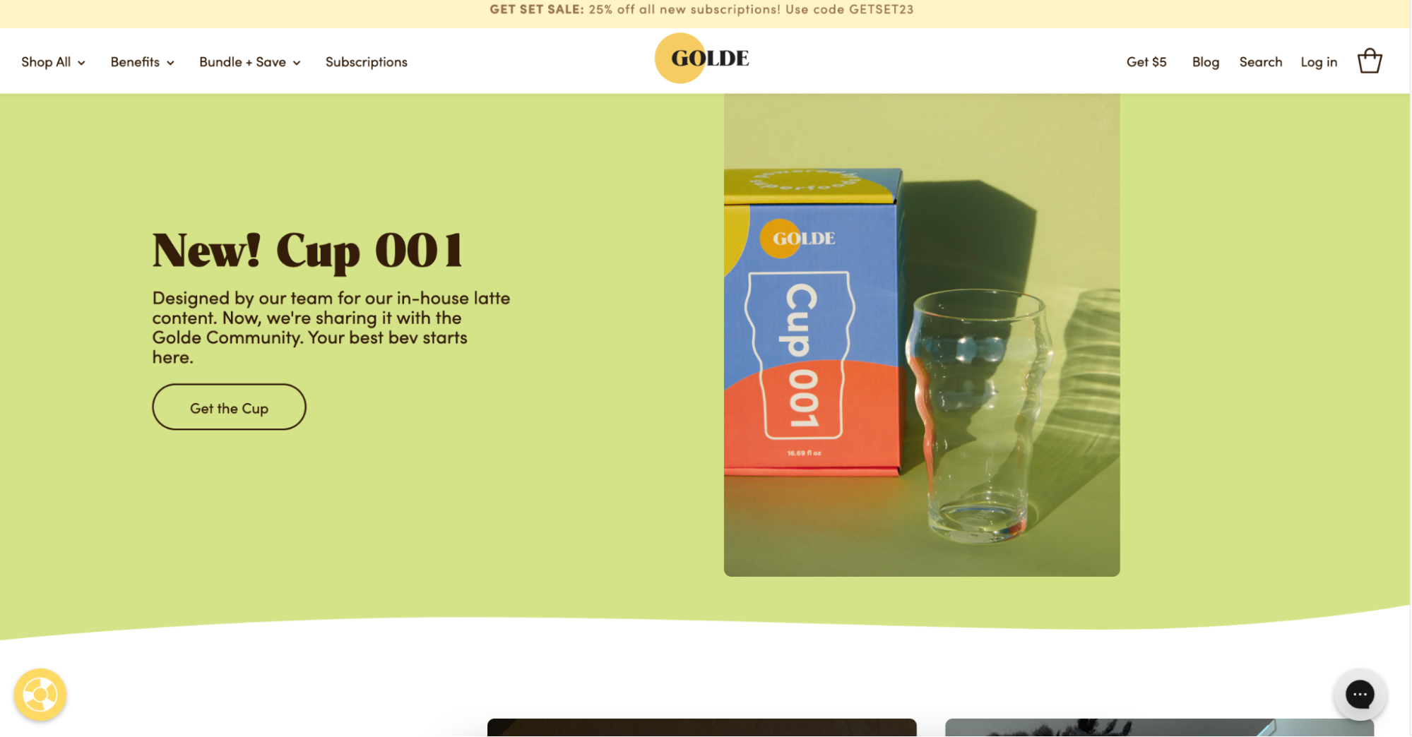 Golde homepage with Cup 001 CTA.