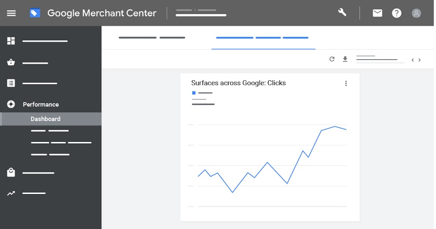 An example of the Google Merchant Center Dashboard showing an example graph for surfaces across Google: Clicks