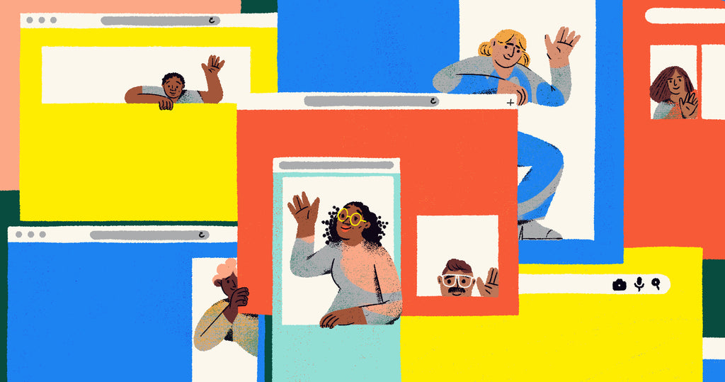 Illustration of a group of screens with google ads cut out. Inside the ads are people. This is a metaphor for understanding google advertising and the audiences that businesses can target.