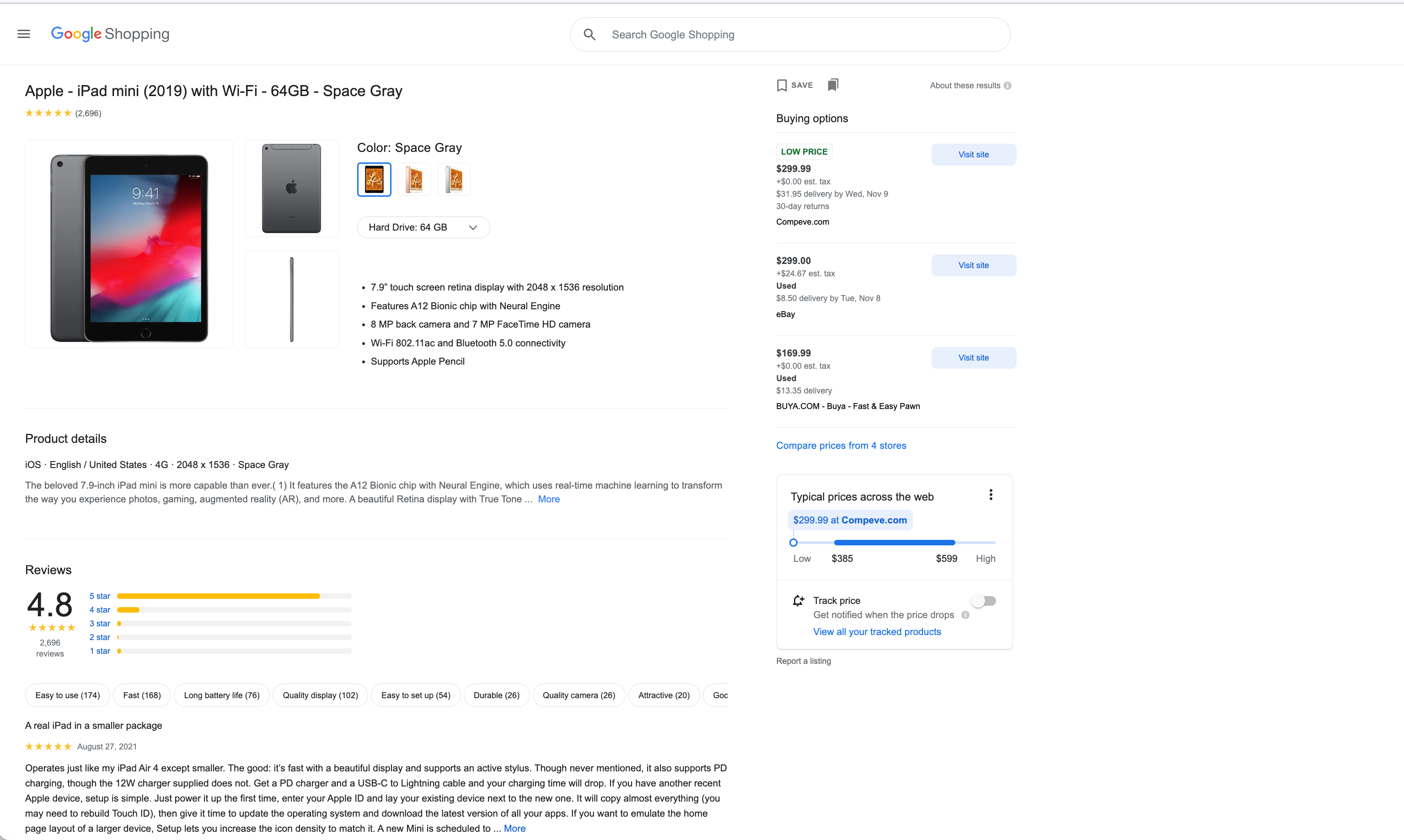 iPad 研究结果的 Google 购物产品页面