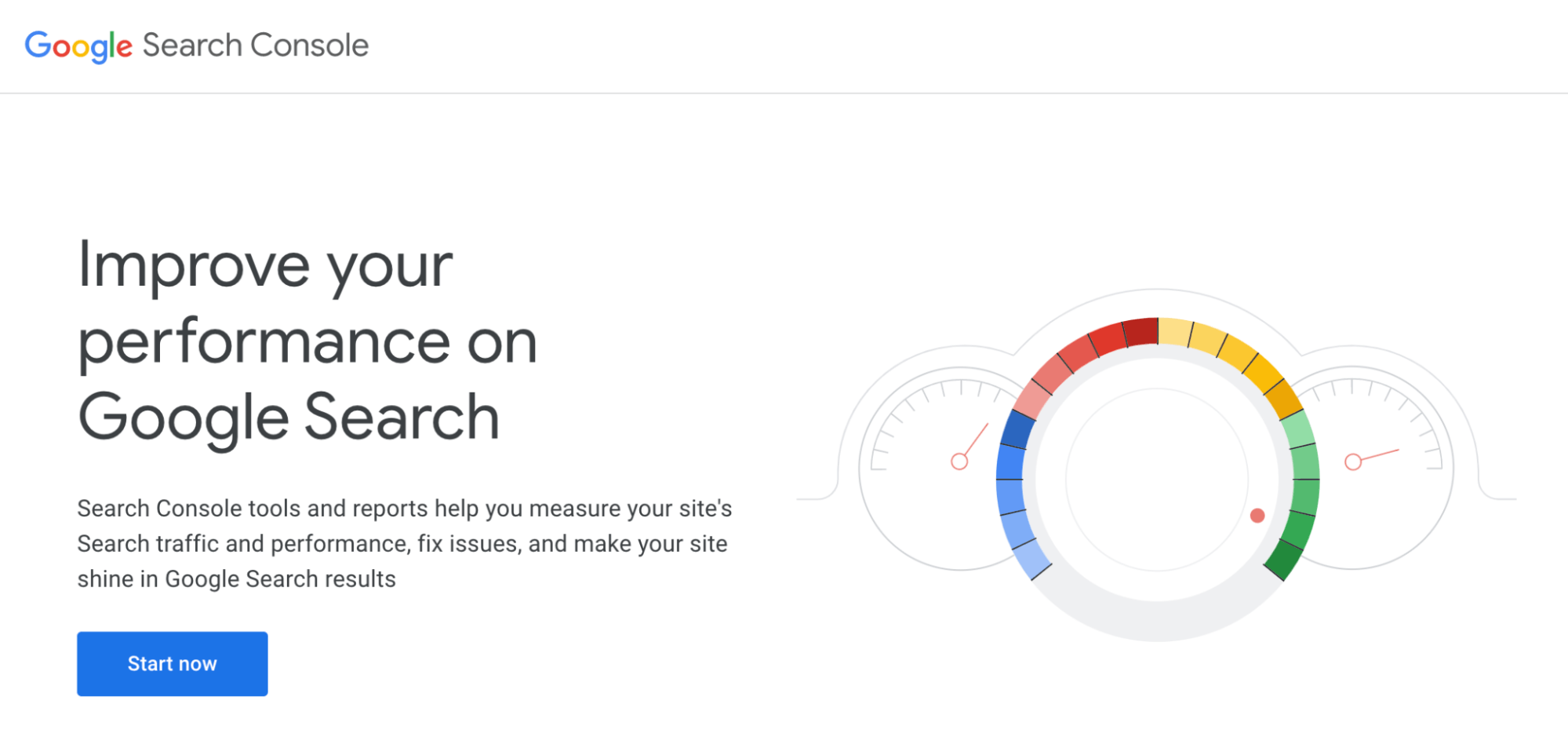 A screenshot of the Google Search Console homepage on a white background with a blue button