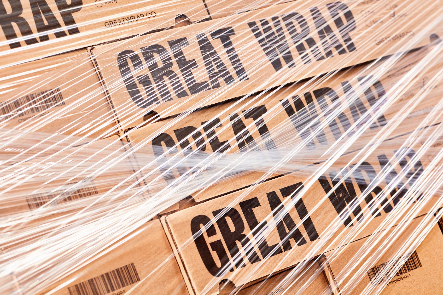 An up close look at Great Wrap’s boxes covered in their plastic free pallet wrap. 