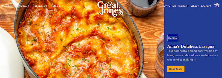 The Great Jones blog homepage promoting a lasagna recipe at the top banner
