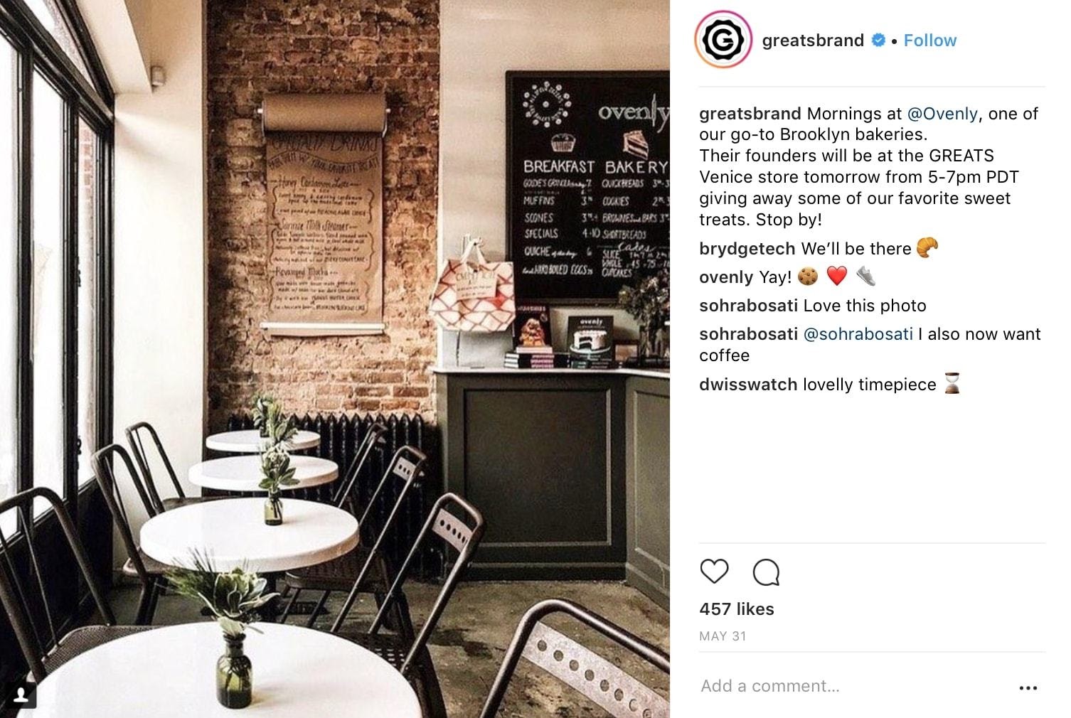 GREATS brand Instagram post idea showing a local coffee shop and tagging them