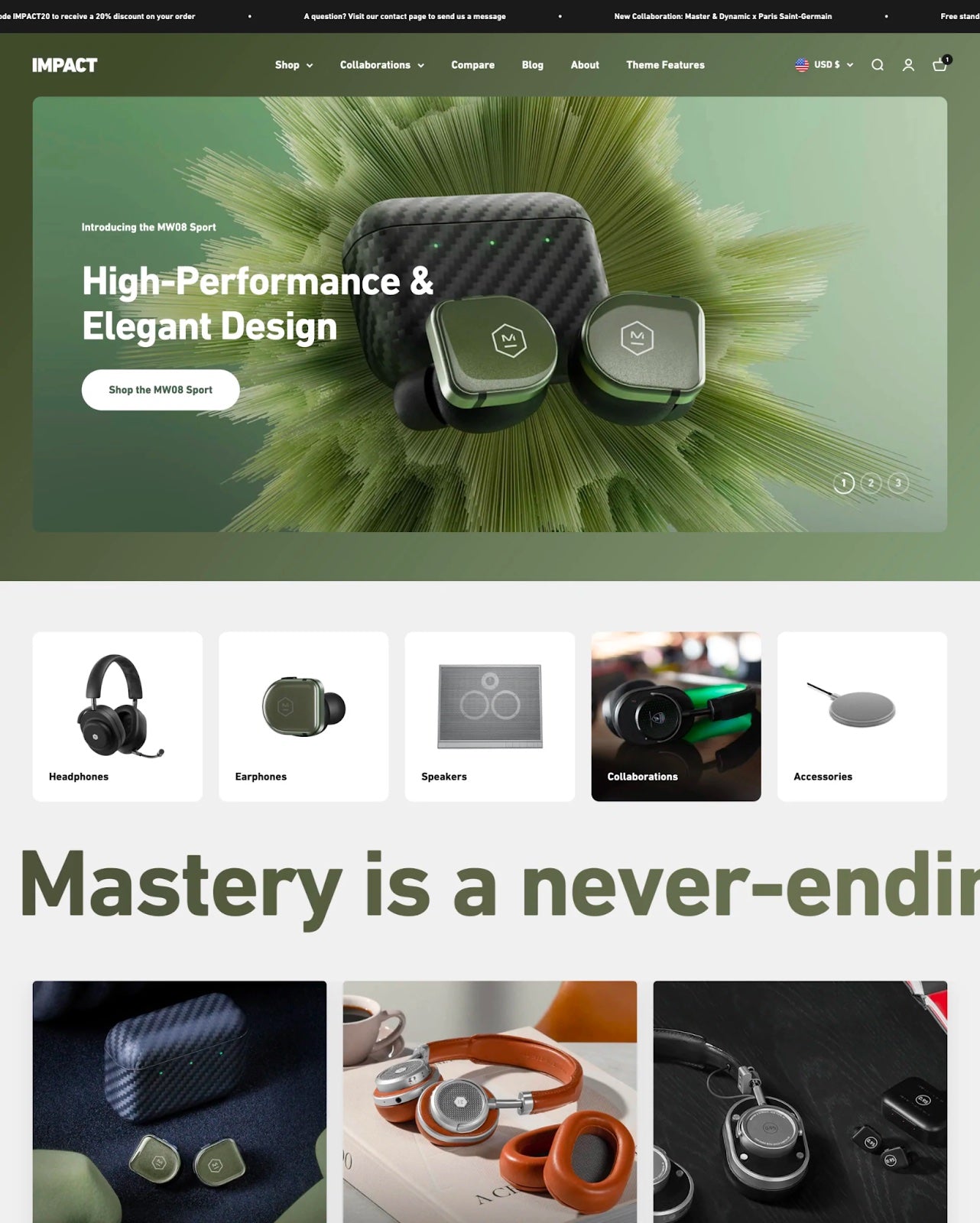 Screenshot of the Impact theme from Shopify, green color palette, website header design template.