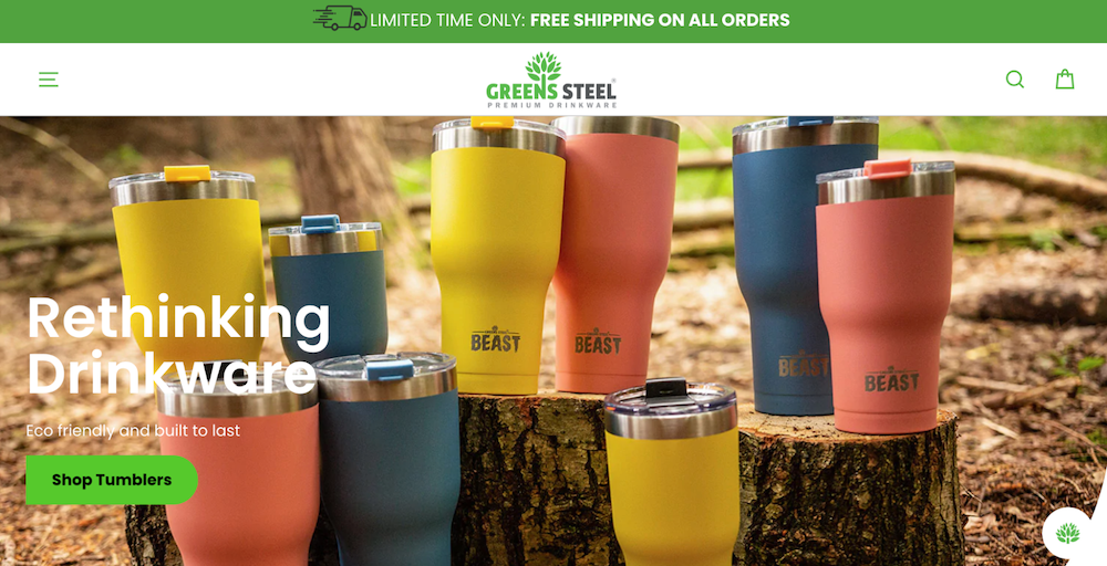 Screenshot of Greens Steel Premium Drinkware Shopify site.