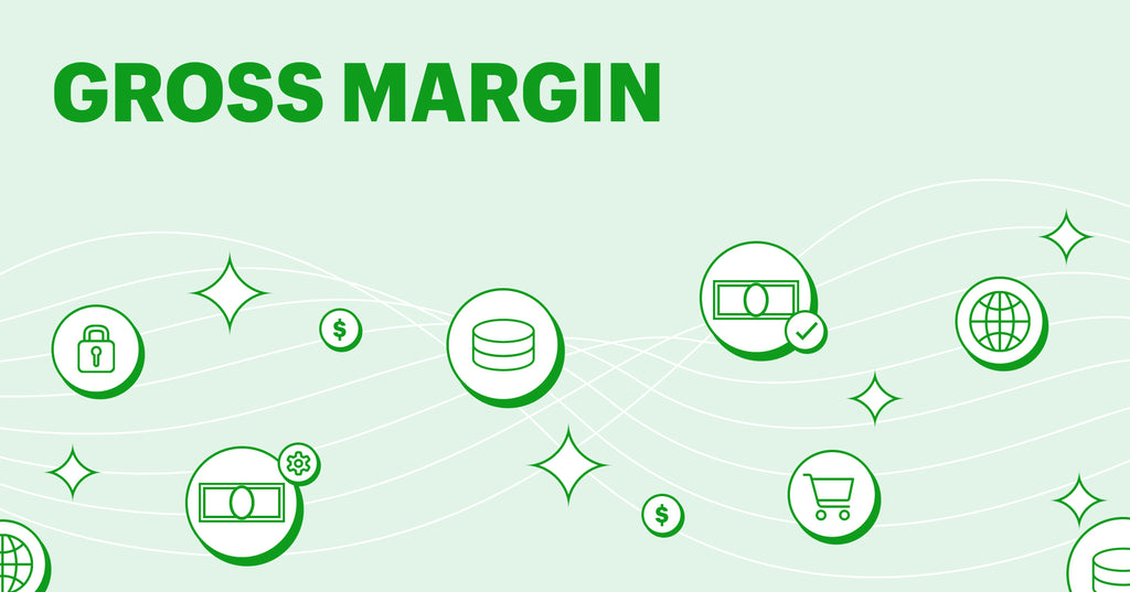 The text gross margin on a green background surrounded by icons