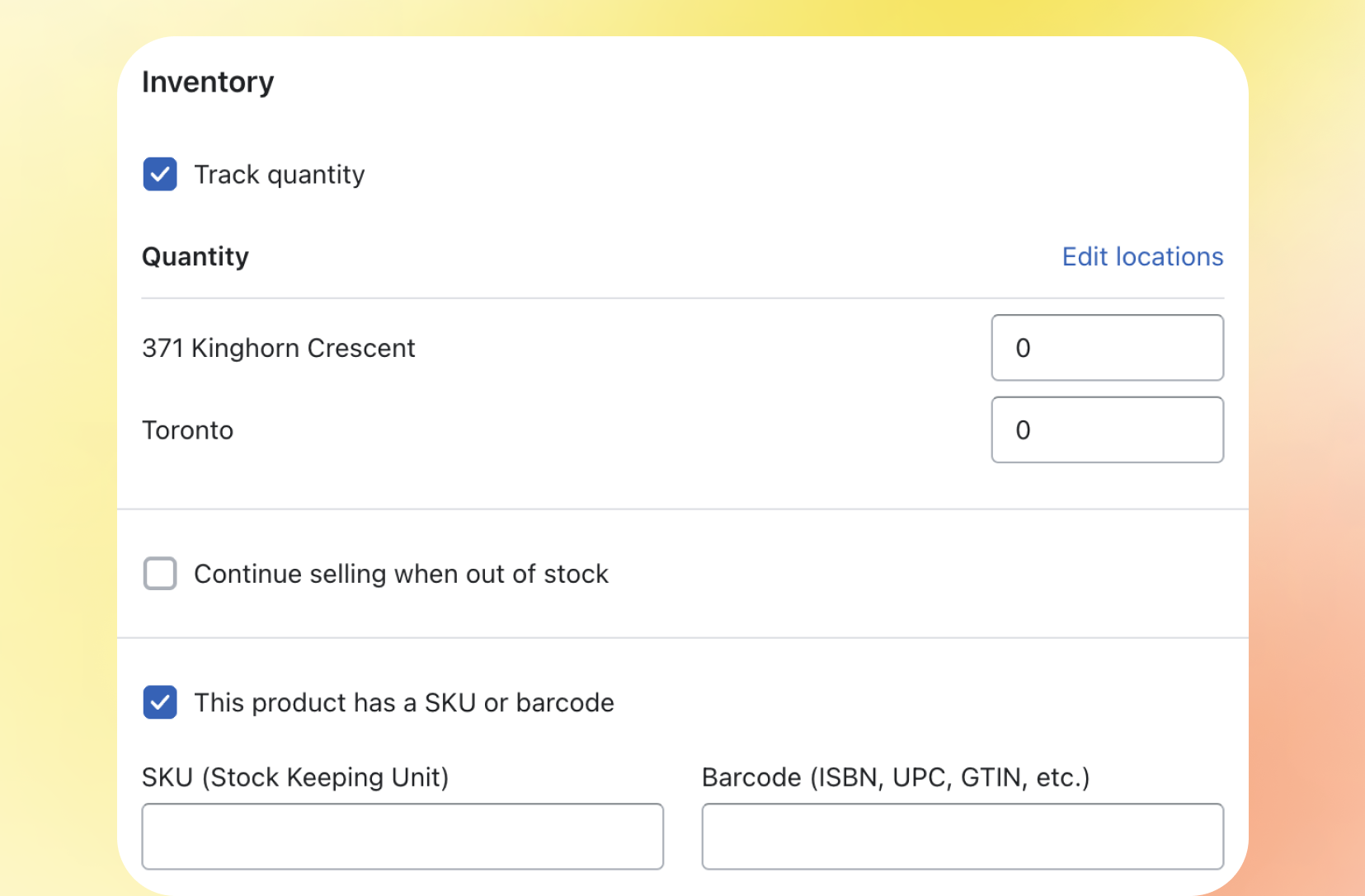 Track inventory quantities modal in Shopify