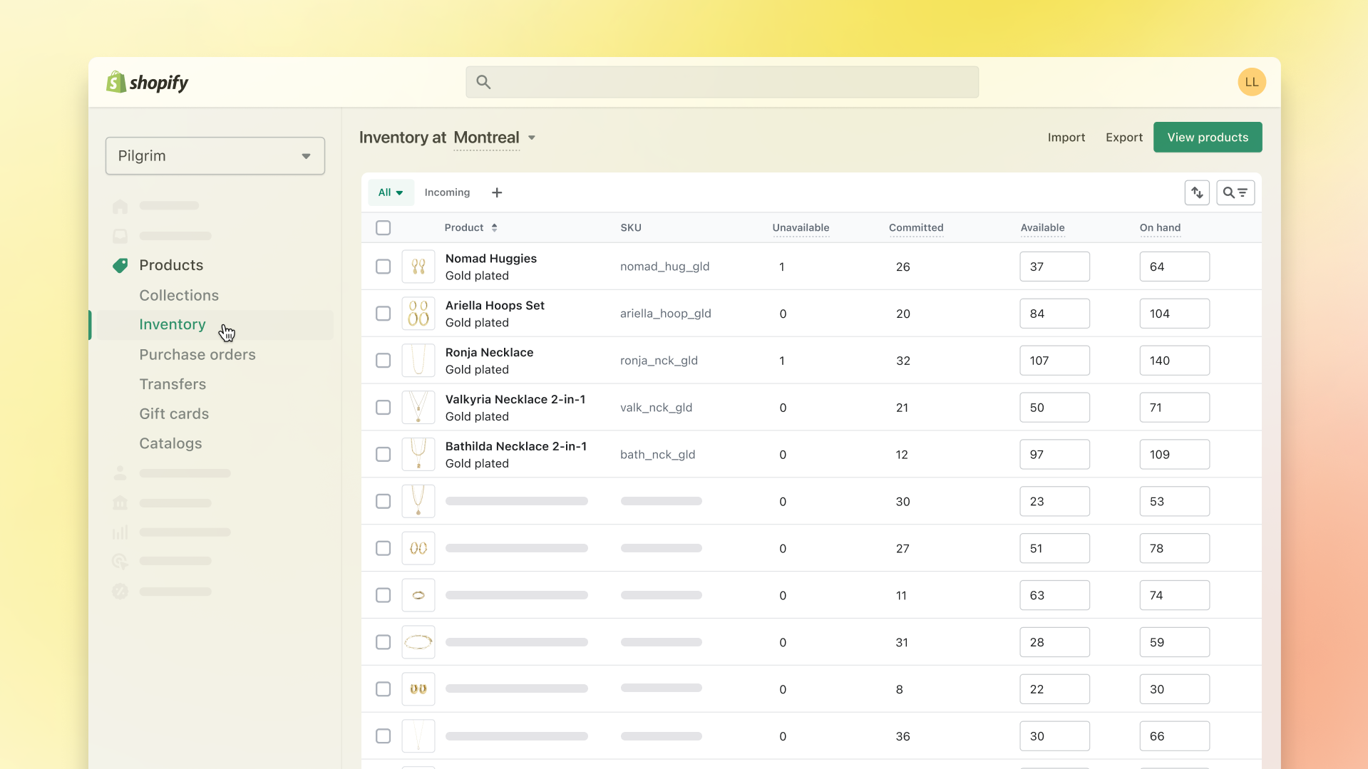 Inventory page showing multiple products and their inventory quantities