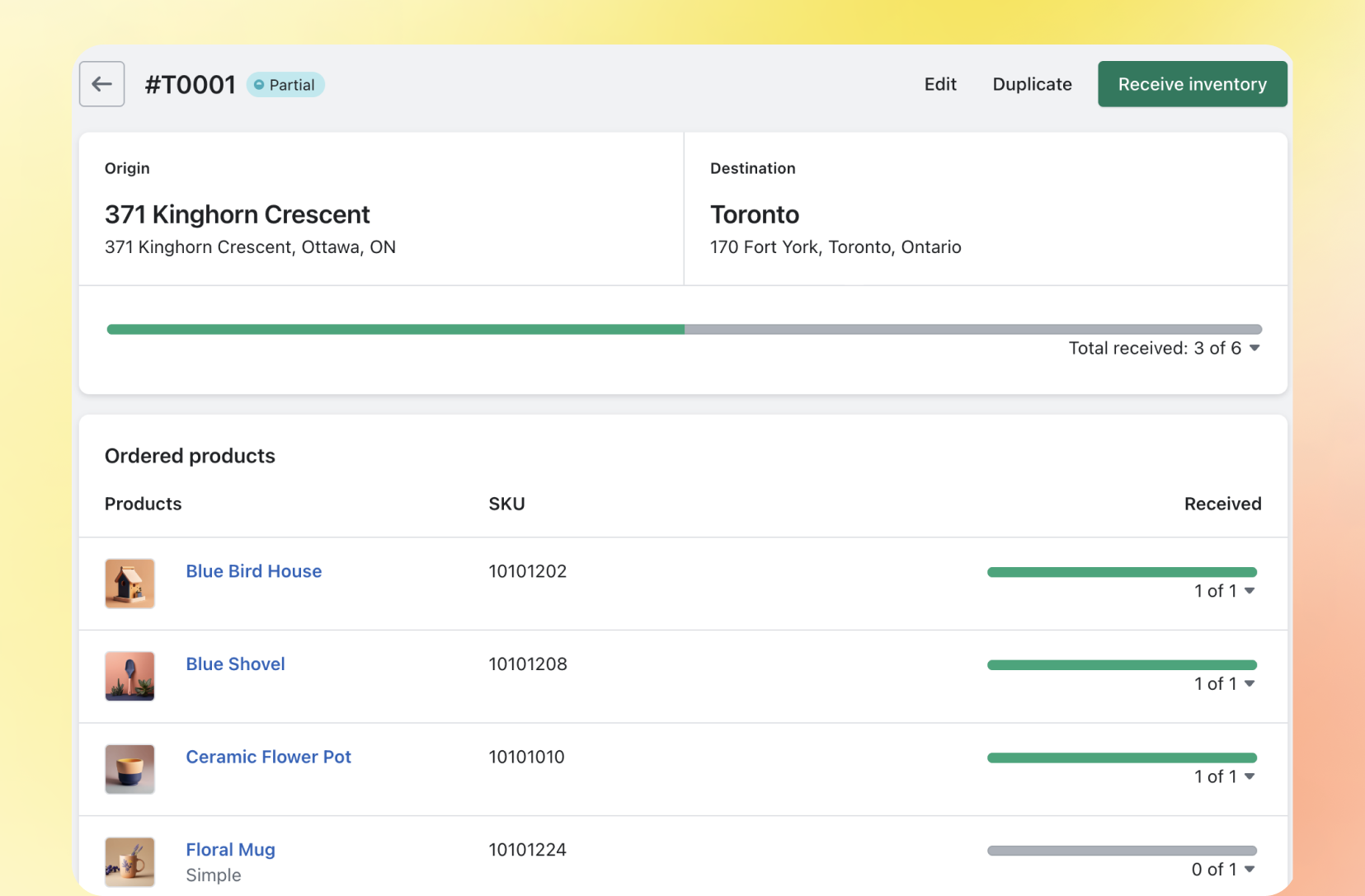 Screen showing an inventory transfer being received for multiple products from one location to the other