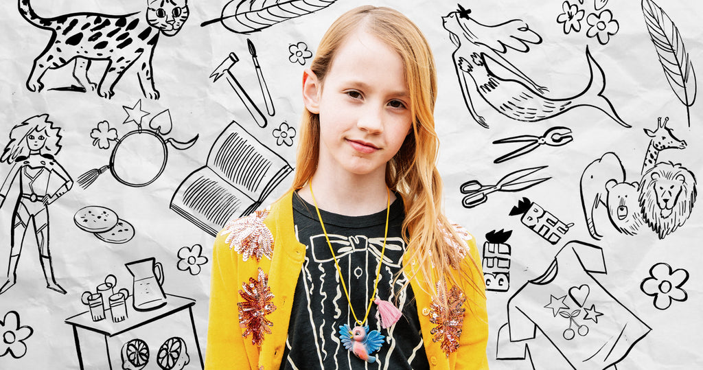 9岁的珠宝和服装品牌Gunner and Lux创始人Riley Kinnane-Petersen的肖像。莱利周围的插图反映了她的业务，她的爱好和她的灵感。