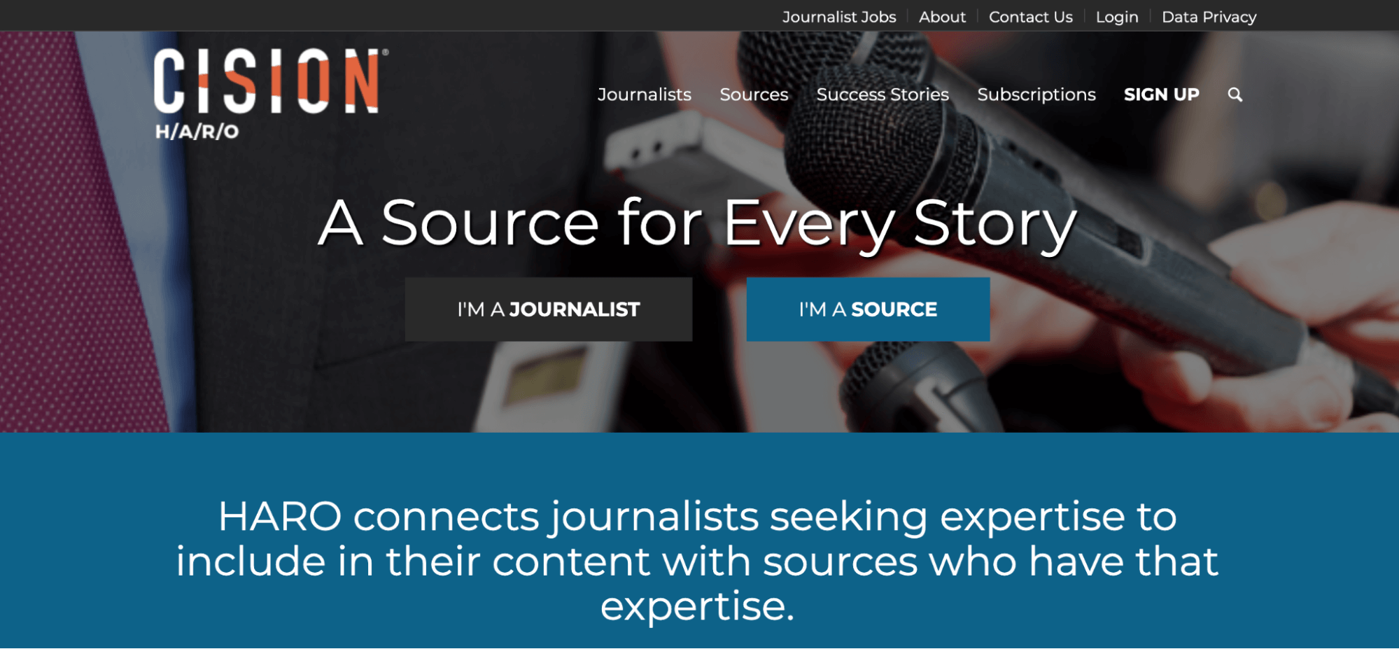 A screenshot of the HARO homepage with a faded header image of journalists using microphones