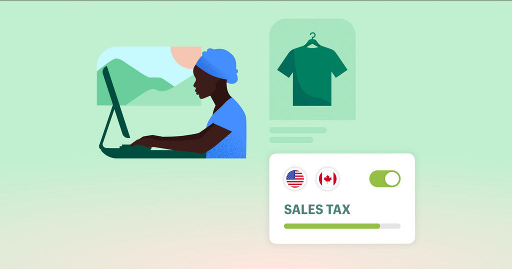 A graphic depicting a merchant on their computer, a t-shirt representing product, and a tool measuring US and Canada sales tax